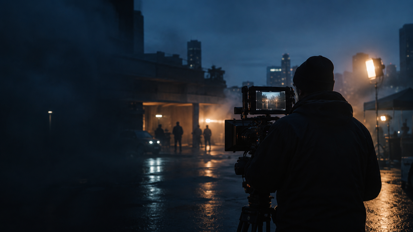 A filmmaker operating a cinema camera on an atmospheric night set